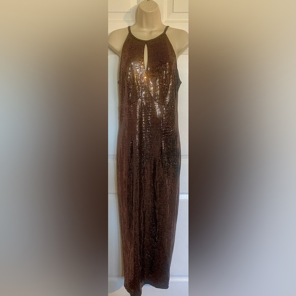 Lovely Grace Gold Sequin Keybole Halter Maxi Dress Gown Size Small - Picture 1 of 6